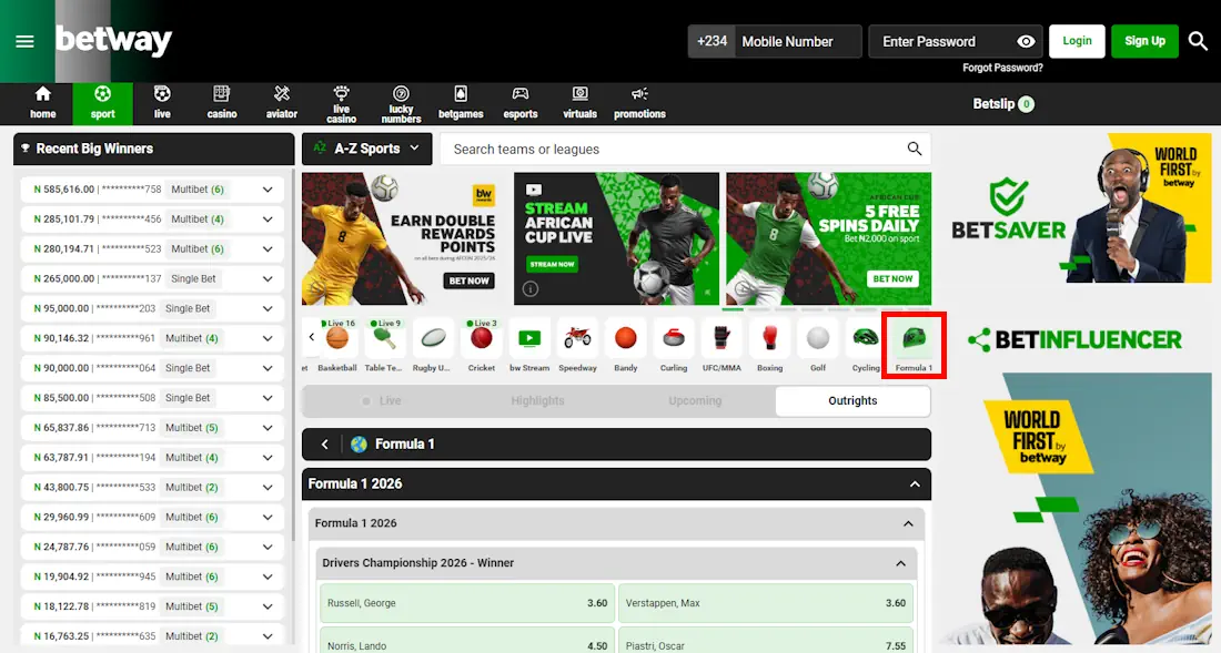 Betway Formula 1 Betting Screenshot